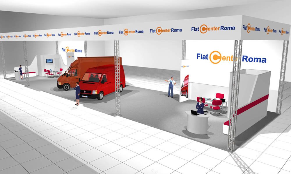Modello 3D e render visual allestimento stand Fiat Cen
