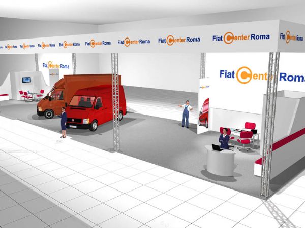 Modello 3D e render visual allestimento stand Fiat Cen