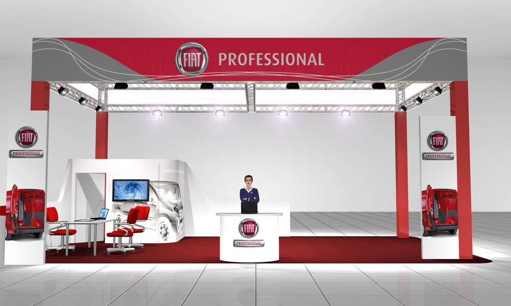 Modello 3D e render visual allestimento stand Fiat Pro - Peraria Fly Service (2007)
