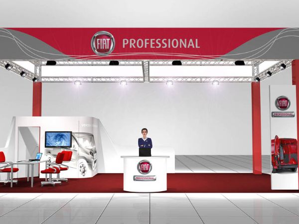 Modello 3D e render visual allestimento stand Fiat Pro - Peraria Fly Service (2007)