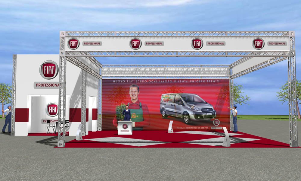 Modello 3D e render visual allestimento stand Fiat Pro - Peraria Fly Service (2009)