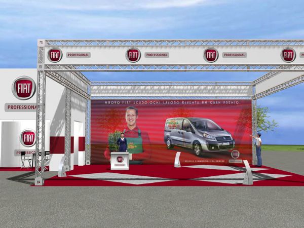 Modello 3D e render visual allestimento stand Fiat Pro - Peraria Fly Service (2009)