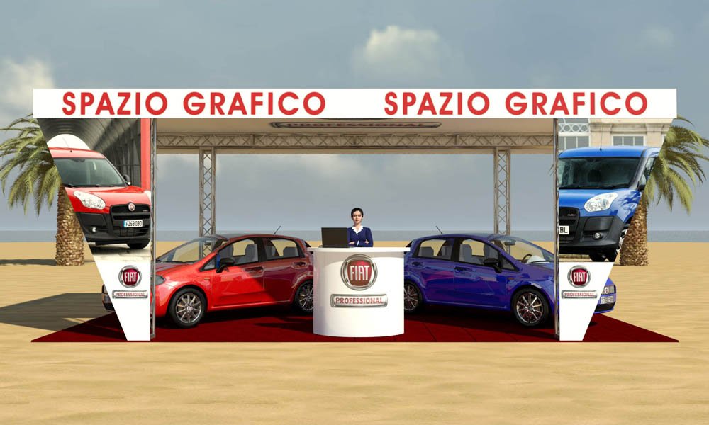 Modello 3D e render visual allestimento stand Fiat Pro - Peraria Fly Service (2008)