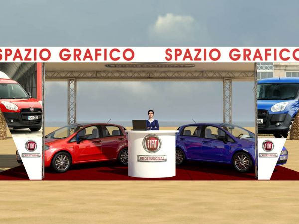 Modello 3D e render visual allestimento stand Fiat Pro - Peraria Fly Service (2008)