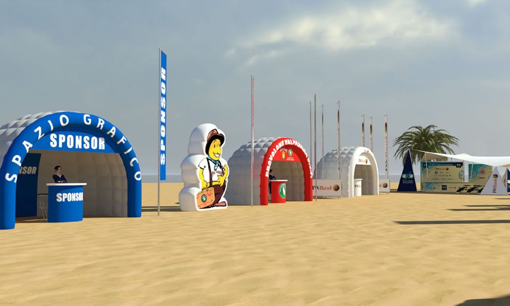 Modello 3D e render visual evento in spiaggia con diver