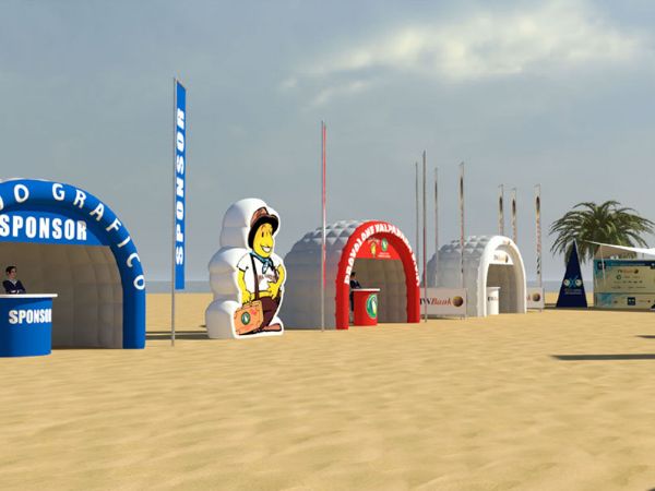 Modello 3D e render visual evento in spiaggia con diver