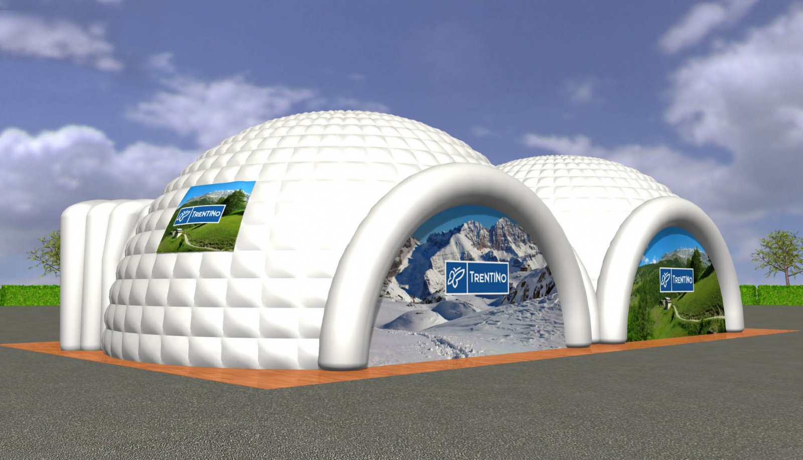 Modello 3D e render visual villaggio con 2 grandi strutture