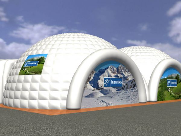 Modello 3D e render visual villaggio con 2 grandi strutture