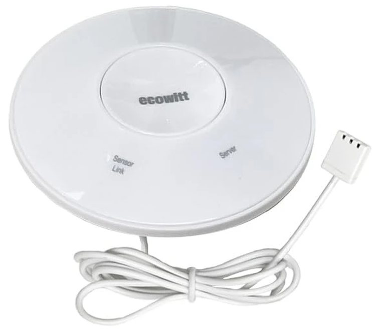 Il gateway Ecowitt GW2000: un disco bianco con il cavo del sensore di temperatura.